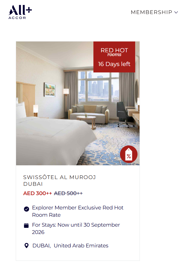 ALL Accor+ Explorer Red Hot Rooms rate at Swissôtel Al Murooj Dubai showing AED 300++ versus AED 500++