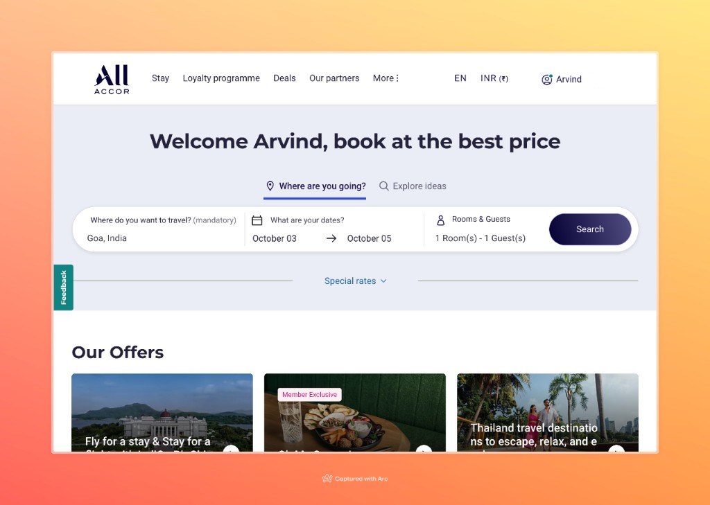 Accor ALL homepage while logged in, with Goa dates and rooms filled in the search bar