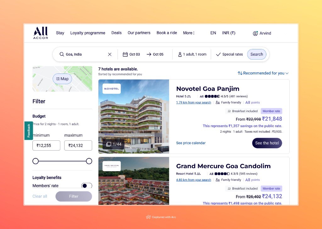 Accor hotel search results for Goa showing Novotel Goa Panjim with an ALL points tag
