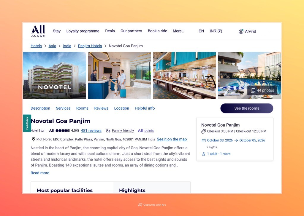 Novotel Goa Panjim hotel page on Accor ALL with See the rooms button