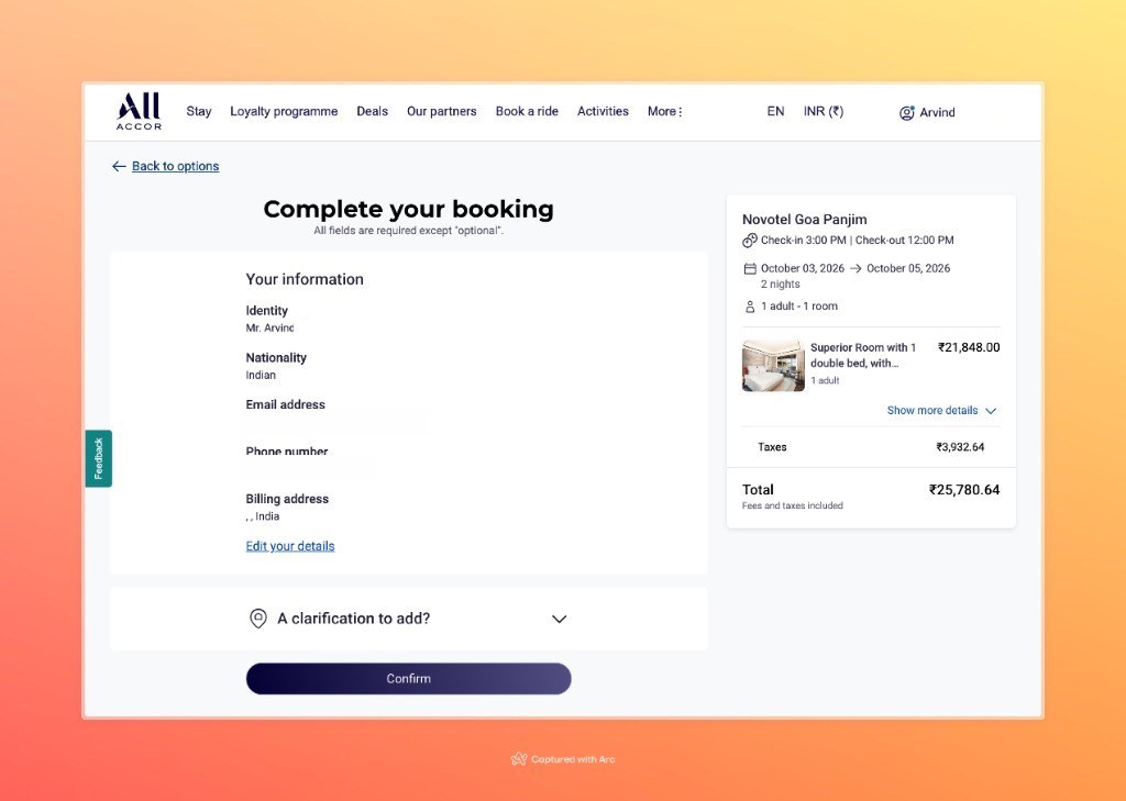 Accor Complete your booking page with guest summary and Confirm button