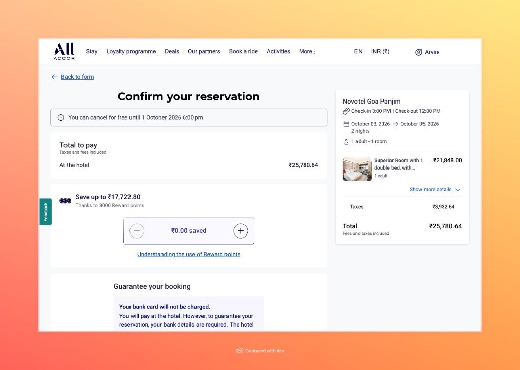 Accor confirm page before applying points, showing ₹0.00 saved and pay at the hotel total