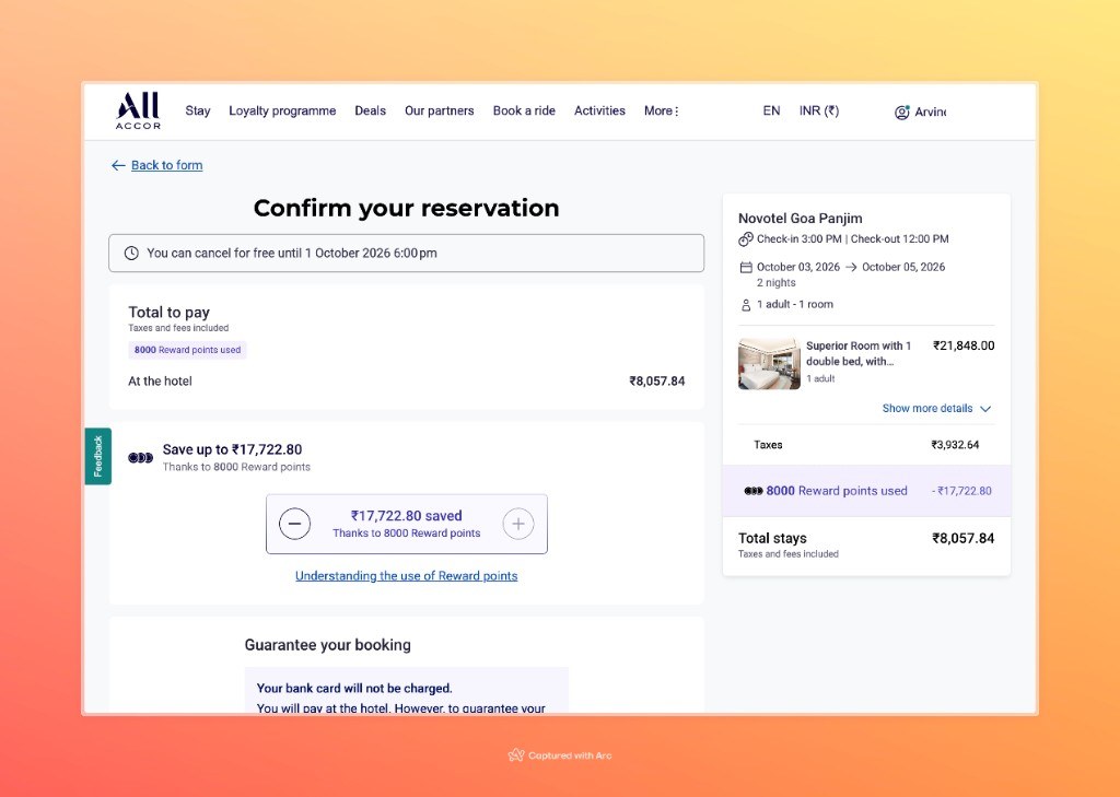 Accor confirm page after applying 8000 Reward points, leaving ₹8,057.84 at the hotel