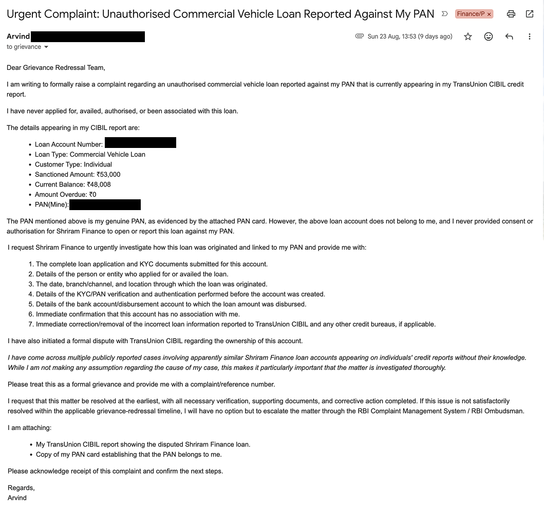 Email to Shriram Finance grievance desk disputing an unauthorised commercial vehicle loan reported against the sender’s PAN