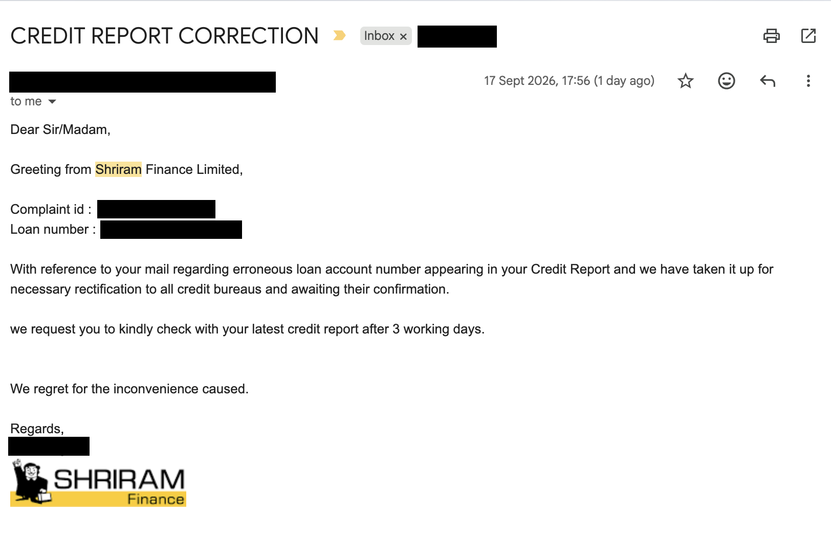 Shriram Finance email confirming the erroneous loan account has been sent to all credit bureaus for rectification